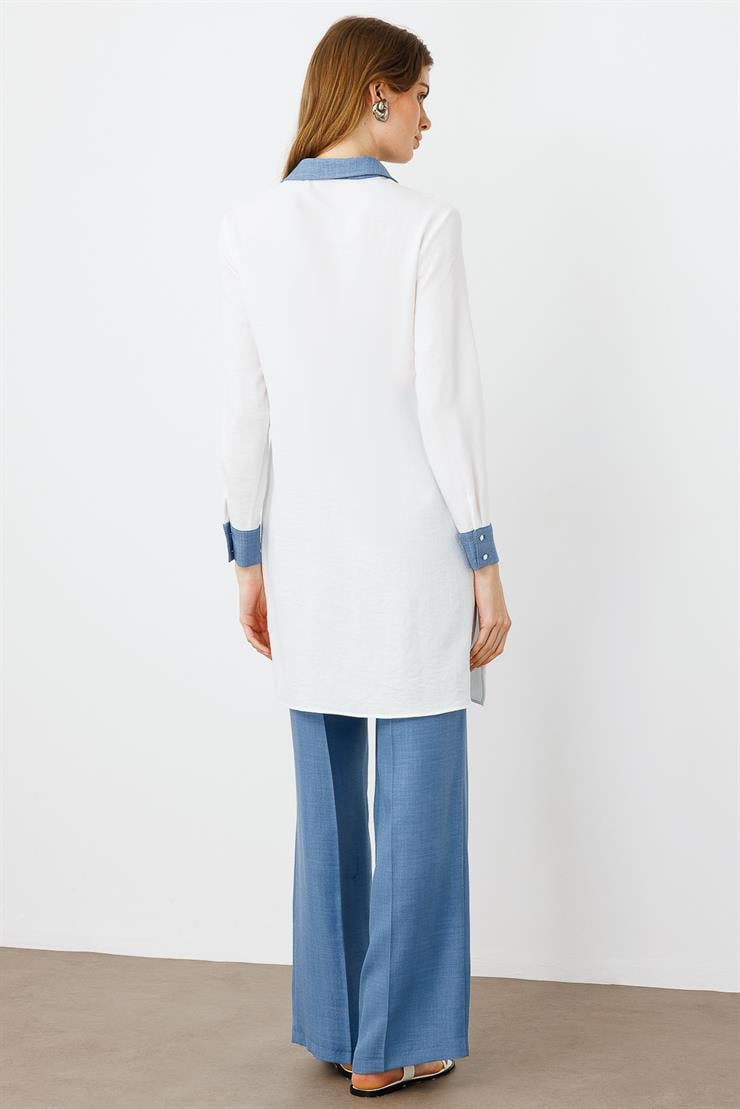 Modailgi  İşlemeli Uzun Tunik Ekru/İndigo