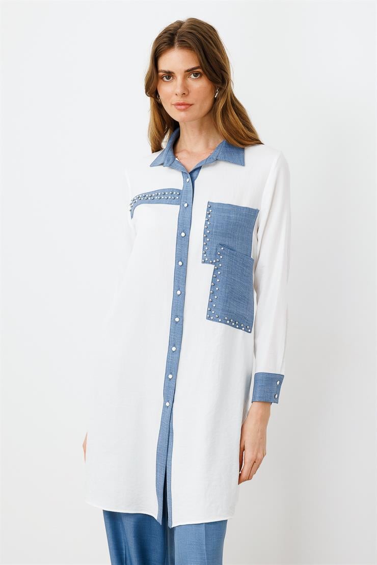 Modailgi  İşlemeli Uzun Tunik Ekru/İndigo