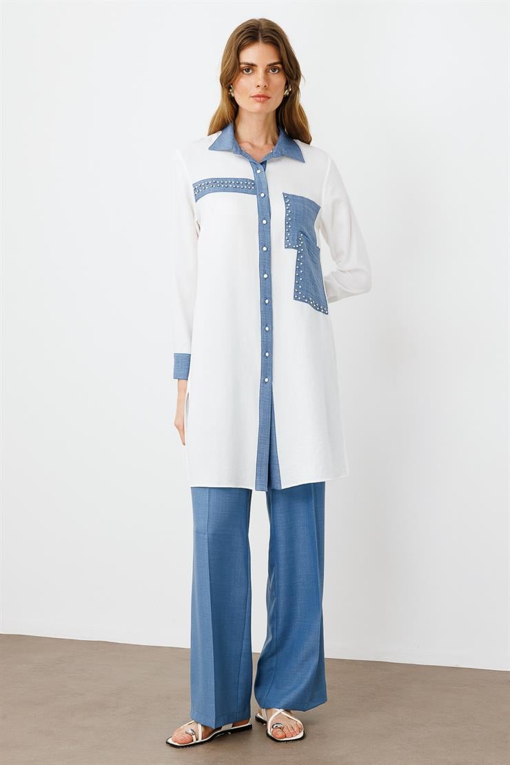Modailgi  İşlemeli Uzun Tunik Ekru/İndigo