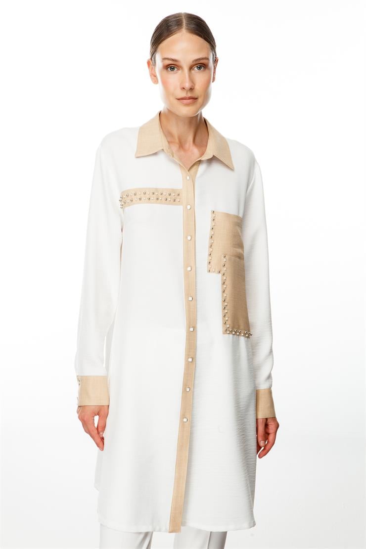 Modailgi  İşlemeli Uzun Tunik Ekru/Taş