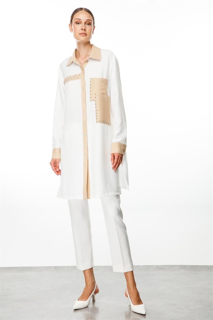 Modailgi  İşlemeli Uzun Tunik Ekru/Taş