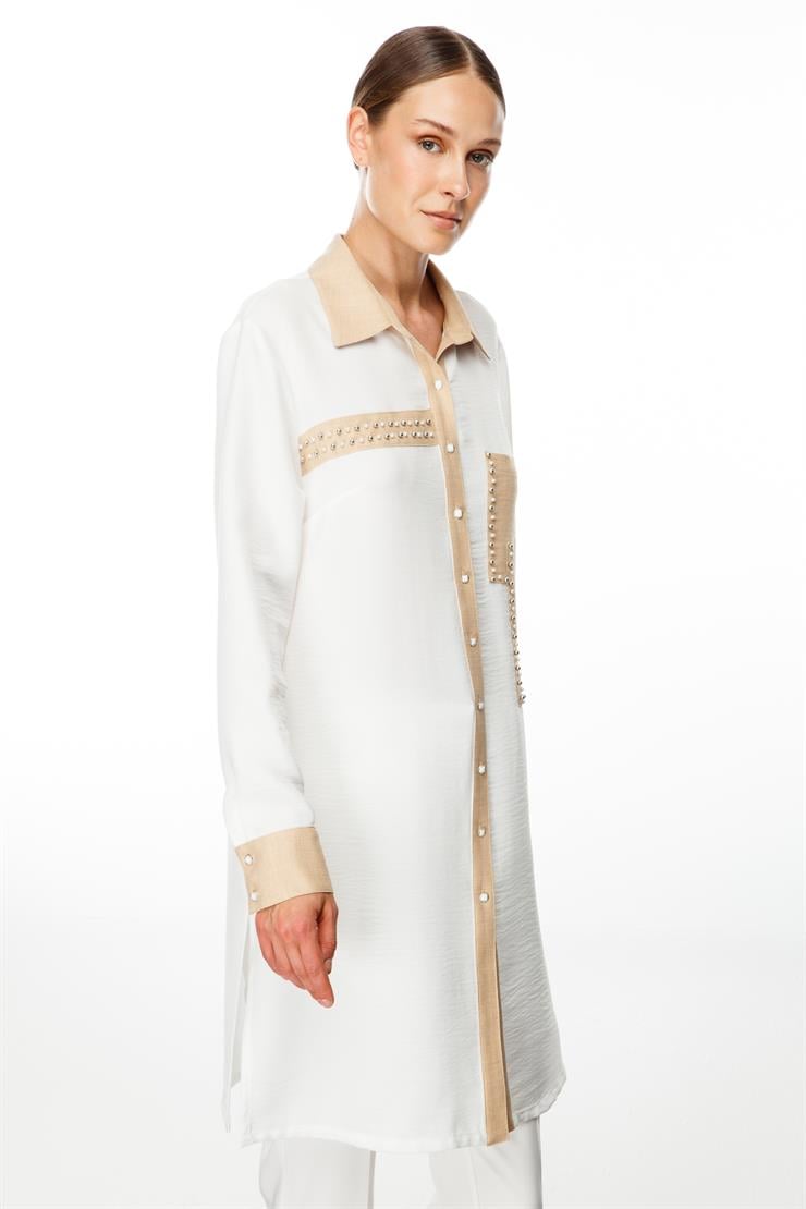 Modailgi  İşlemeli Uzun Tunik Ekru/Taş