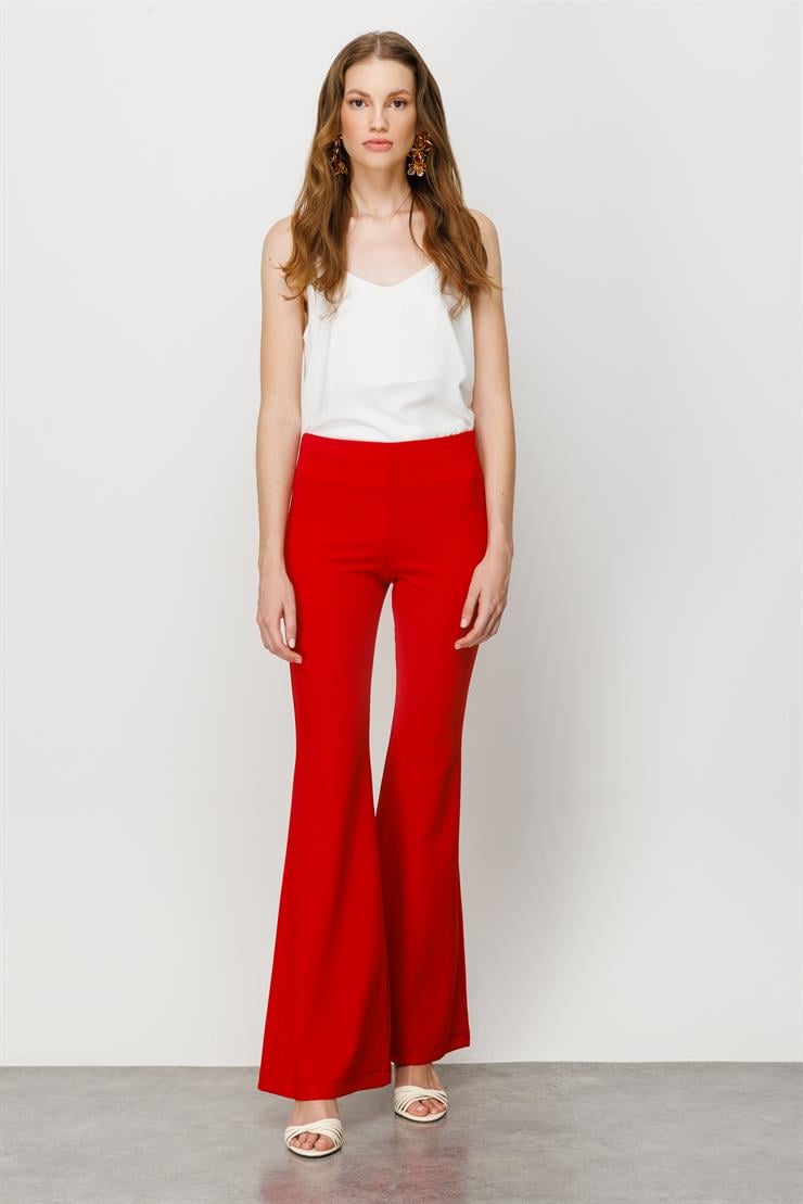 Modailgi  İspanyol Paça Örme Pantolon Kırmızı