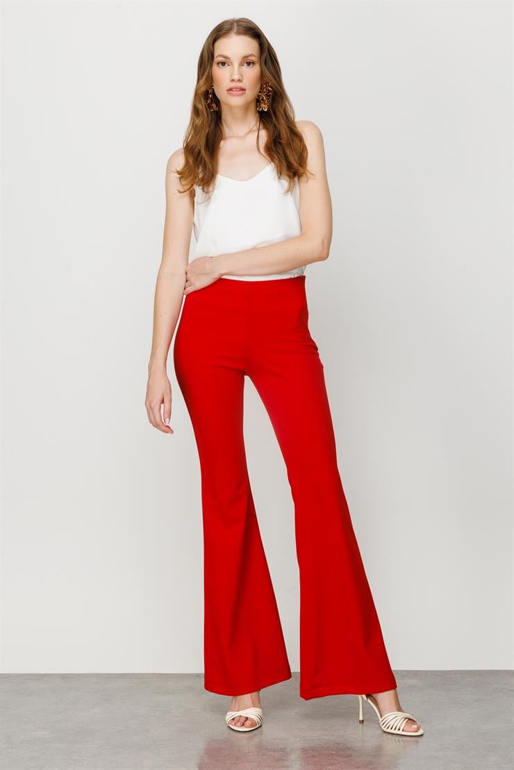 Modailgi  İspanyol Paça Örme Pantolon Kırmızı