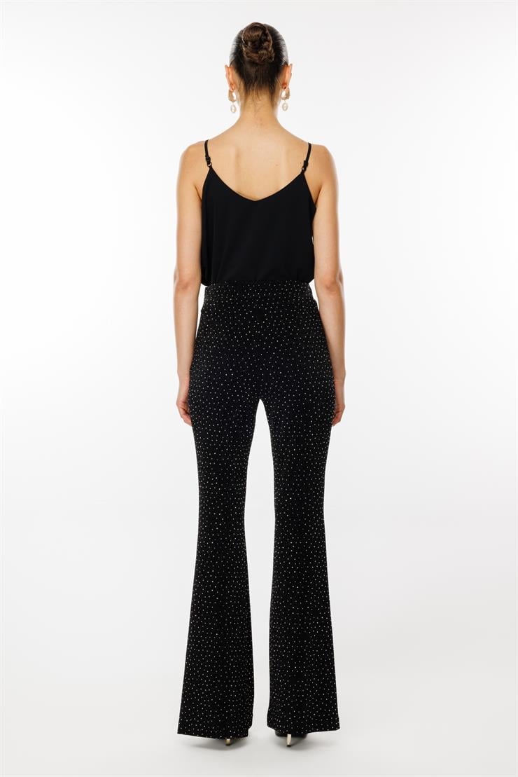 Modailgi  İspanyol Paça Taşlı Örme Pantolon - 7092 Siyah