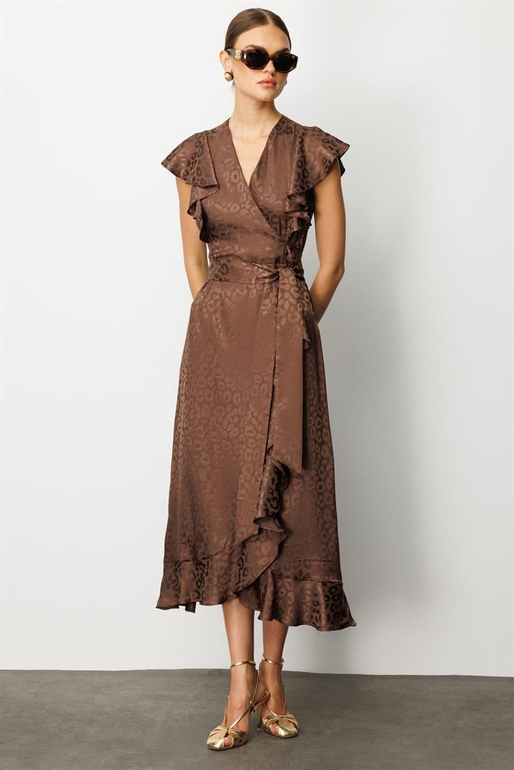 Modailgi  Jakar Desenli Kolsuz Kruvaze Elbise Kahve