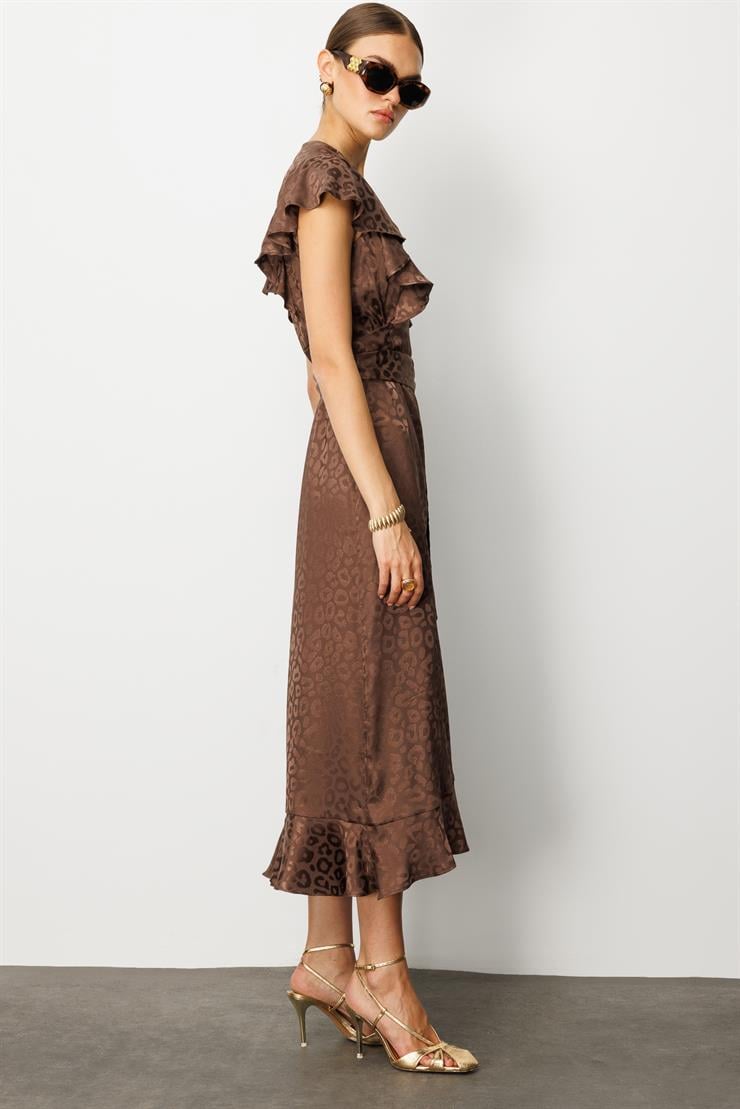 Modailgi  Jakar Desenli Kolsuz Kruvaze Elbise Kahve
