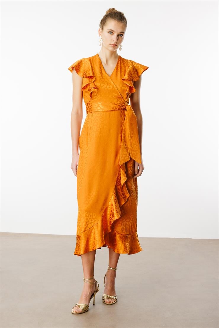 Modailgi  Jakar Desenli Kolsuz Kruvaze Elbise Orange