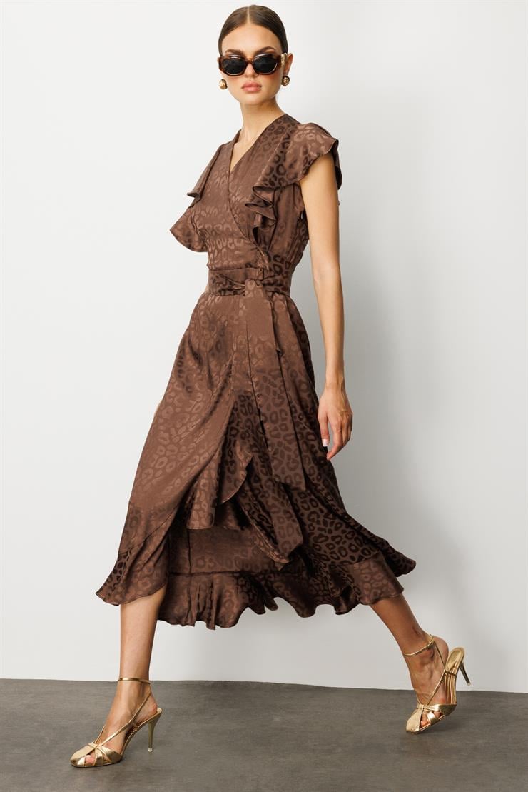 Modailgi  Jakar Desenli Kolsuz Kruvaze Elbise Kahve
