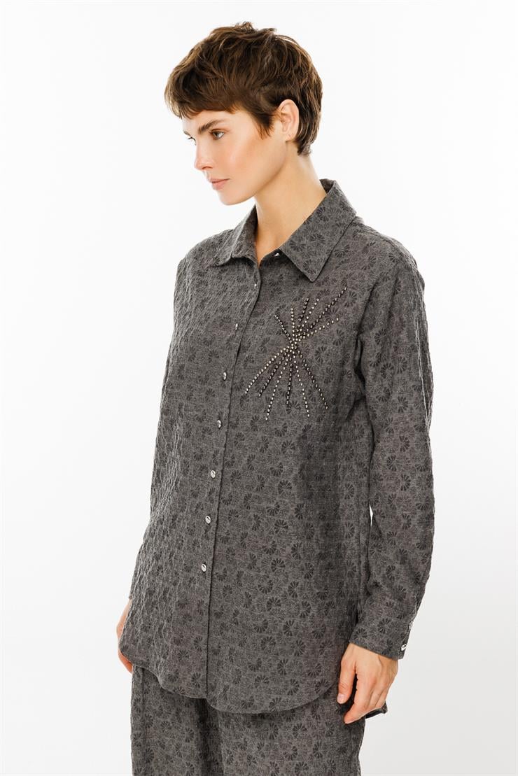 Modailgi  Jakar Kumaşlı Metal Çakma Aksesuarlı Tunik Gri