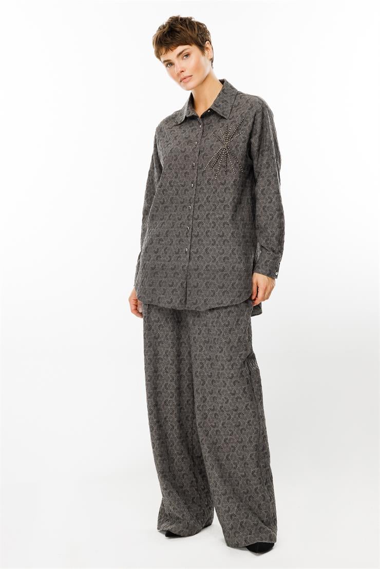 Modailgi  Jakar Kumaşlı Metal Çakma Aksesuarlı Tunik Gri