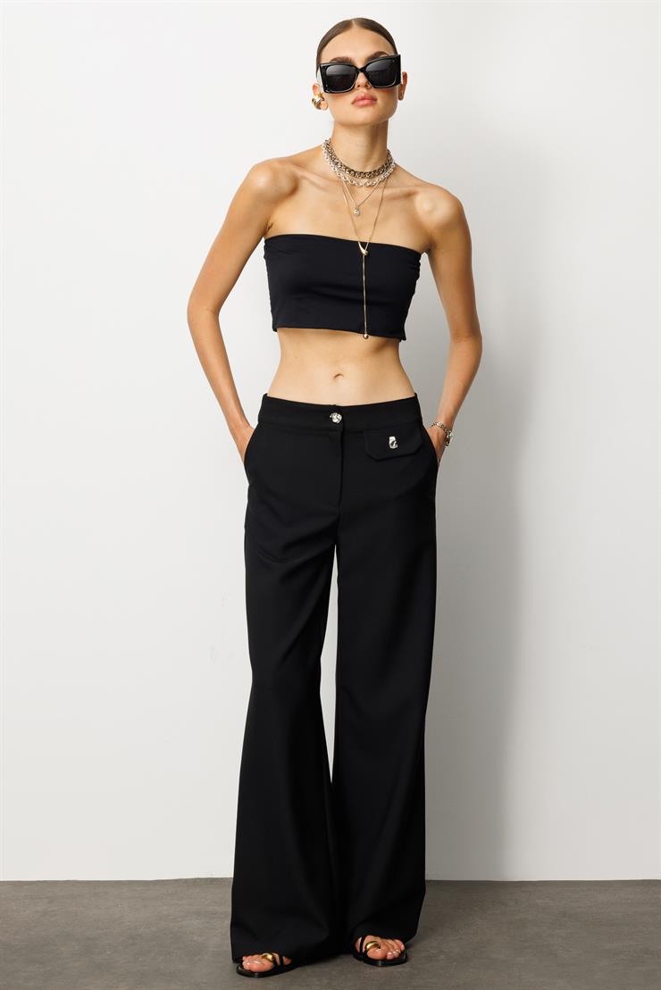 Modailgi  Kapak Detaylı Fleto Düğme Aksesuarlı Palazzo Pantolon - 70024 Siyah