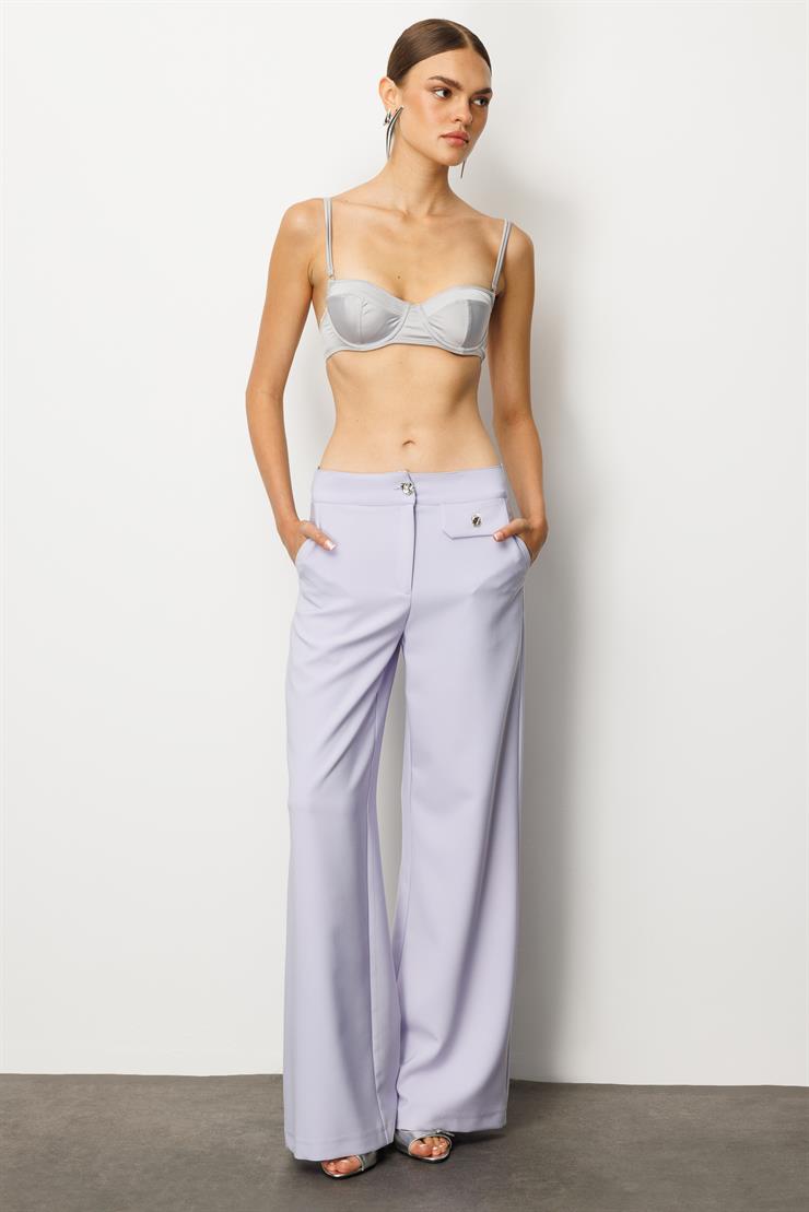 Modailgi  Kapak Detaylı Fleto Düğme Aksesuarlı Palazzo Pantolon - 70024 Lila