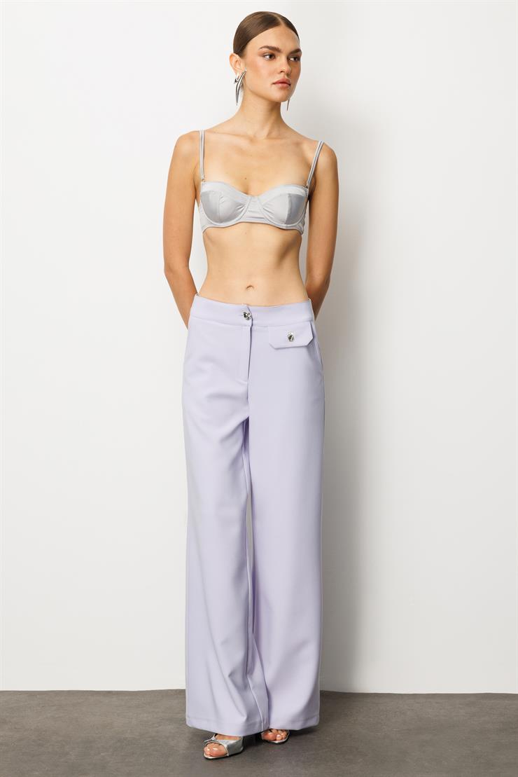 Modailgi  Kapak Detaylı Fleto Düğme Aksesuarlı Palazzo Pantolon - 70024 Lila