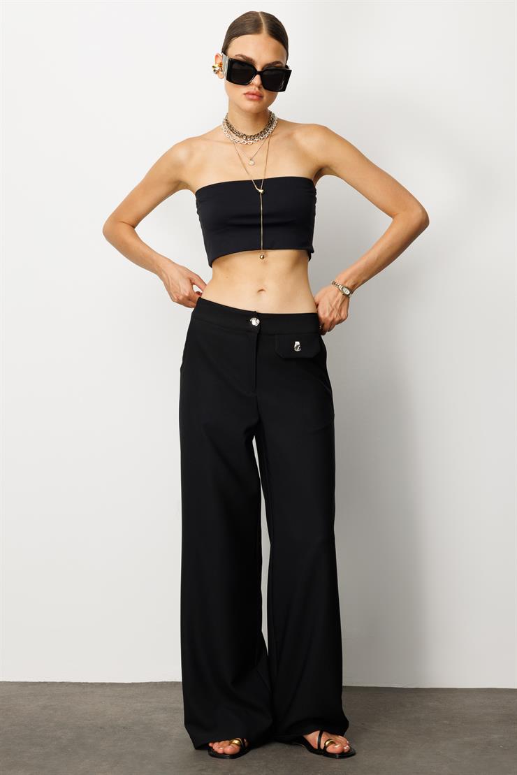 Modailgi  Kapak Detaylı Fleto Düğme Aksesuarlı Palazzo Pantolon - 70024 Siyah