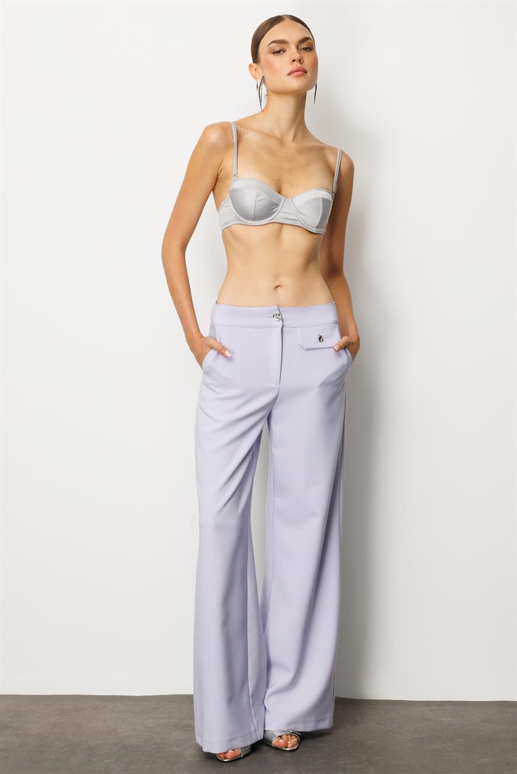 Modailgi  Kapak Detaylı Fleto Düğme Aksesuarlı Palazzo Pantolon - 70024 Lila