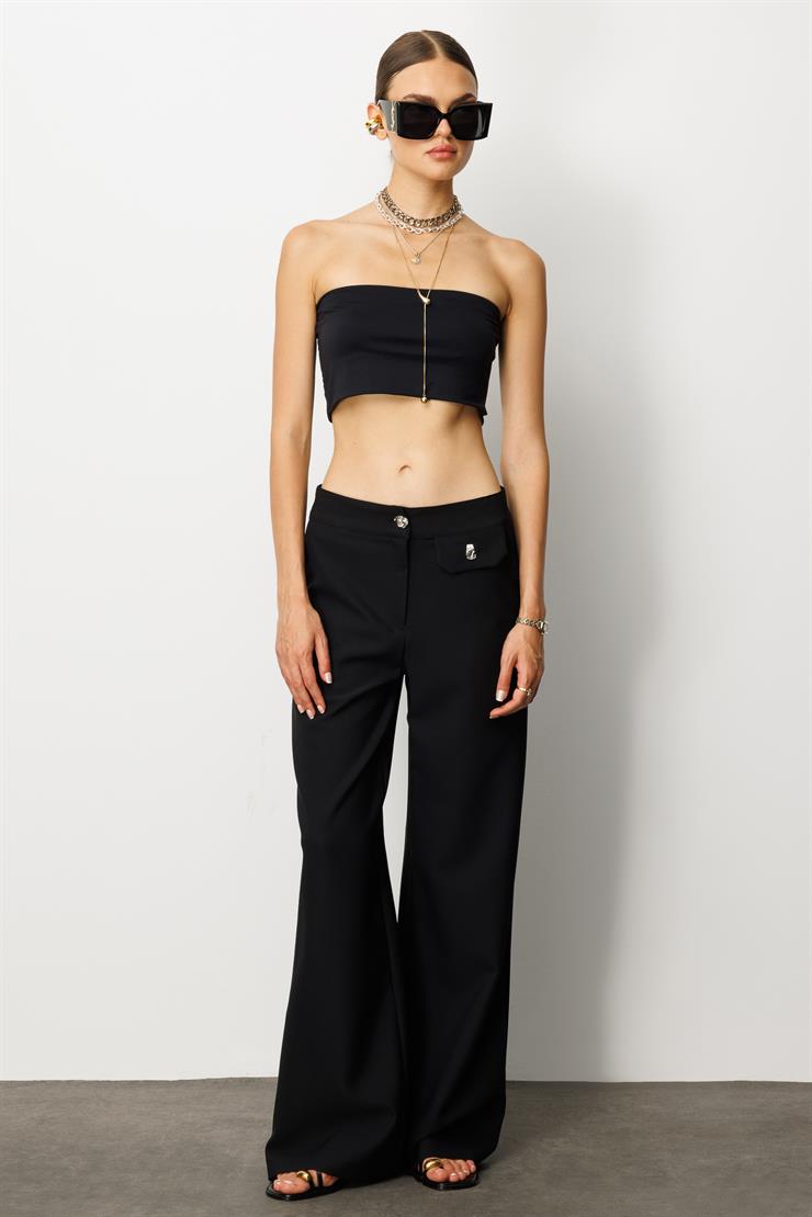 Modailgi  Kapak Detaylı Fleto Düğme Aksesuarlı Palazzo Pantolon - 70024 Siyah