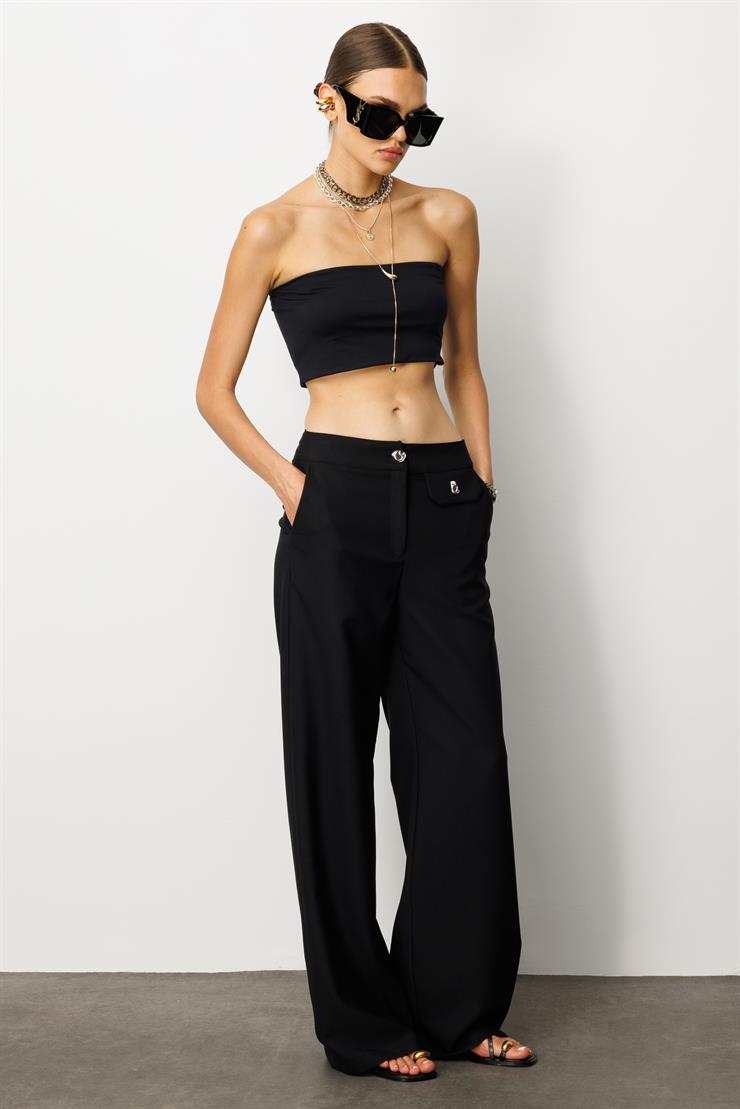 Modailgi  Kapak Detaylı Fleto Düğme Aksesuarlı Palazzo Pantolon - 70024 Siyah