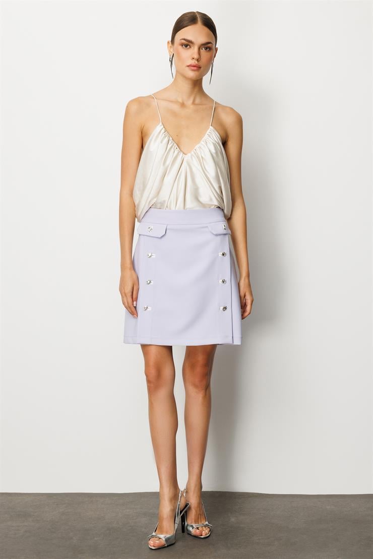 Modailgi  Kapak Detaylı Fleto ile Düğme Kapamalı Kısa Etek - 70024 Lila