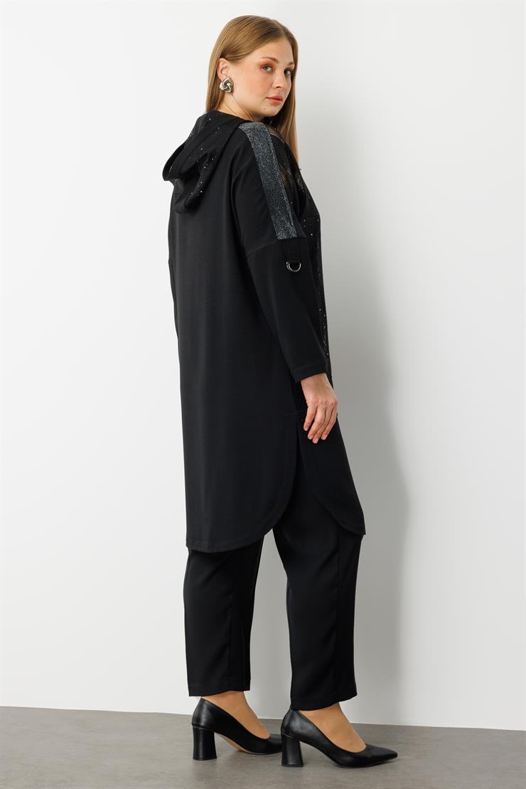 Modailgi  Kapişonlu Pullu File Detaylı Kolu Apoletli Kap Siyah