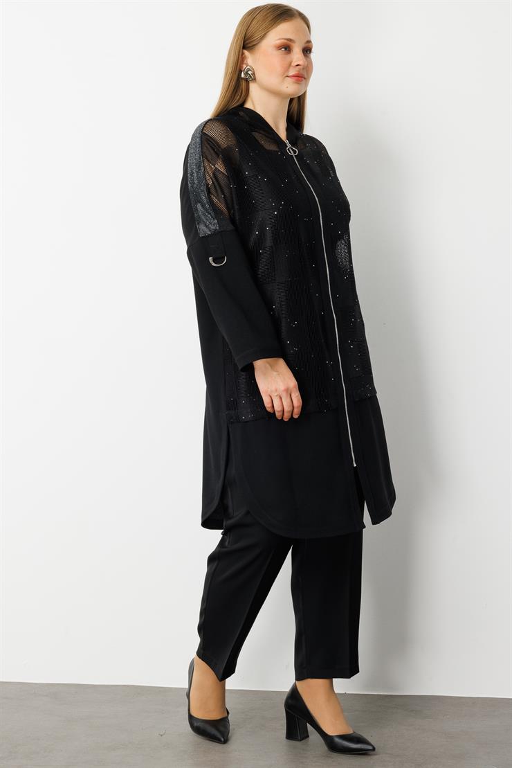 Modailgi  Kapişonlu Pullu File Detaylı Kolu Apoletli Kap Siyah