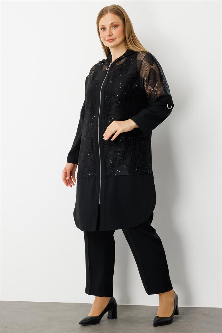 Modailgi  Kapişonlu Pullu File Detaylı Kolu Apoletli Kap Siyah