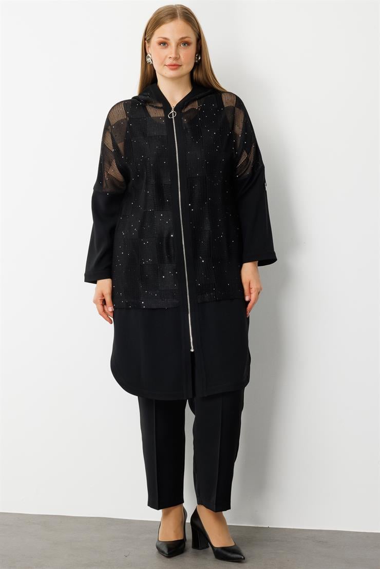 Modailgi  Kapişonlu Pullu File Detaylı Kolu Apoletli Kap Siyah