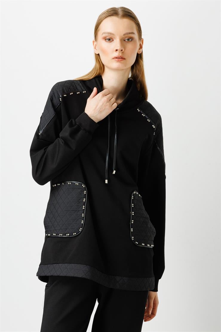 Modailgi  Kapitone Garnili Dik Yaka Tunik Siyah