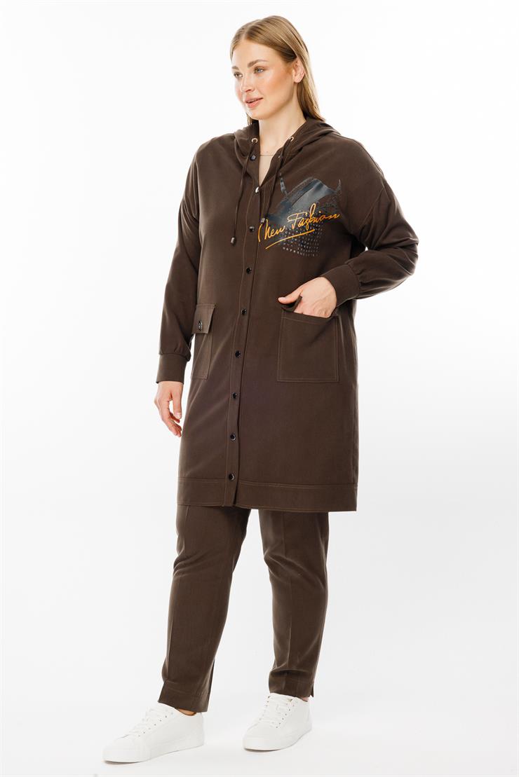 Modailgi  Kapüşonlu Baskılı Tunik Kahve
