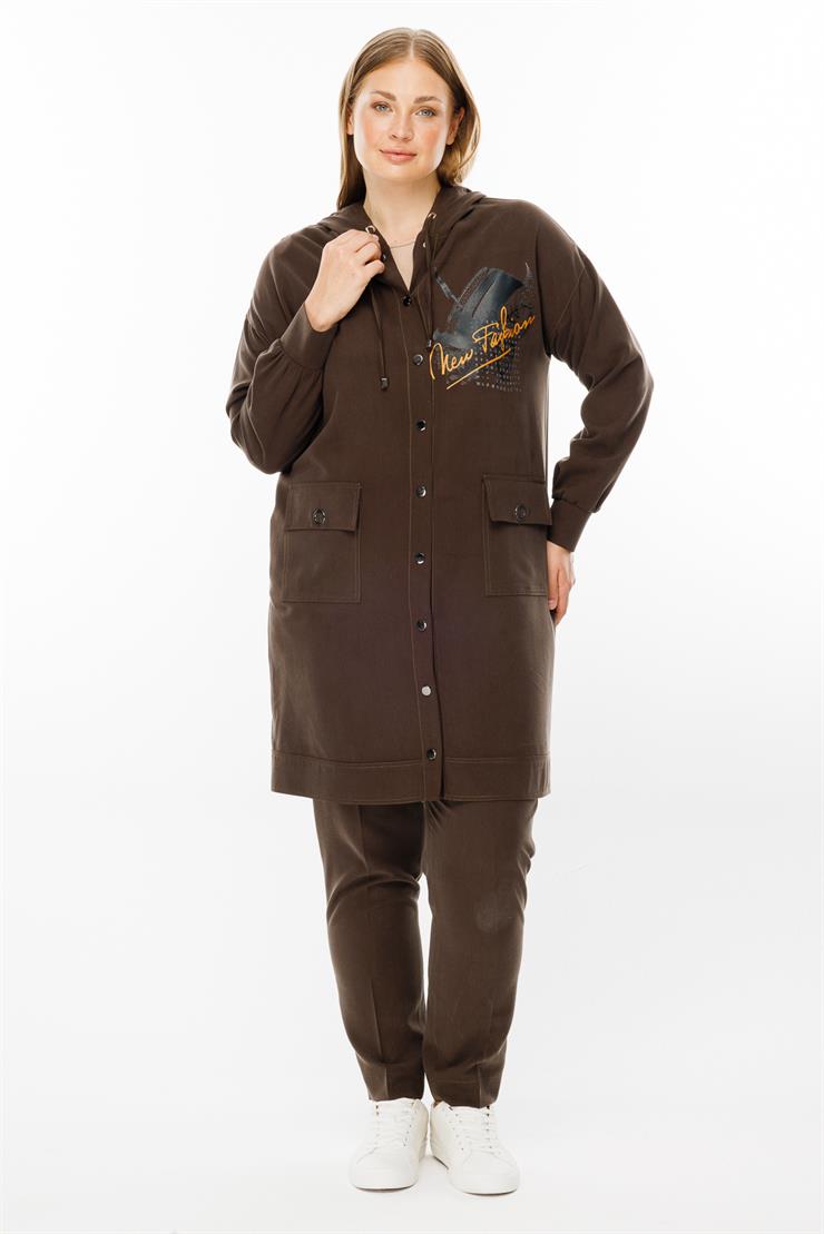 Modailgi  Kapüşonlu Baskılı Tunik Kahve