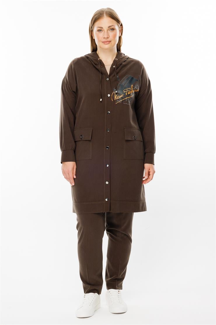 Modailgi  Kapüşonlu Baskılı Tunik Kahve