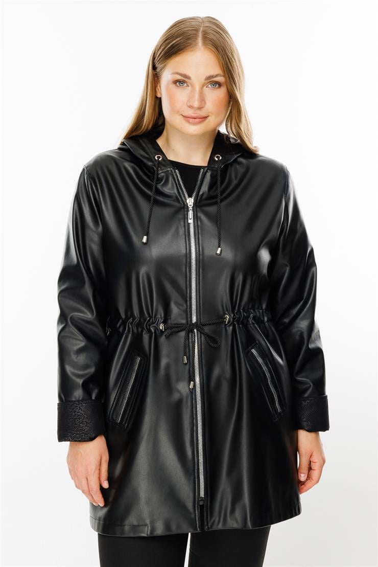 Modailgi  Kapüşonlu Beli Büzgülü Deri Trenç Siyah