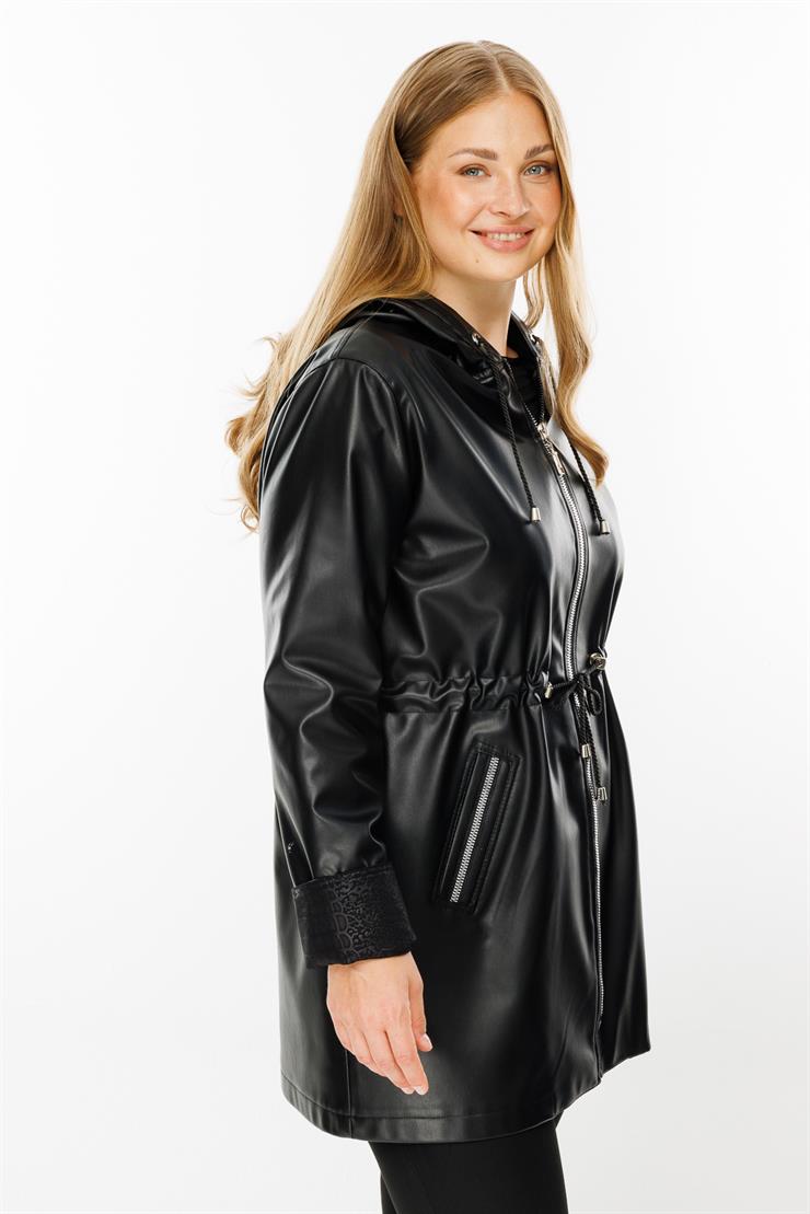 Modailgi  Kapüşonlu Beli Büzgülü Deri Trenç Siyah
