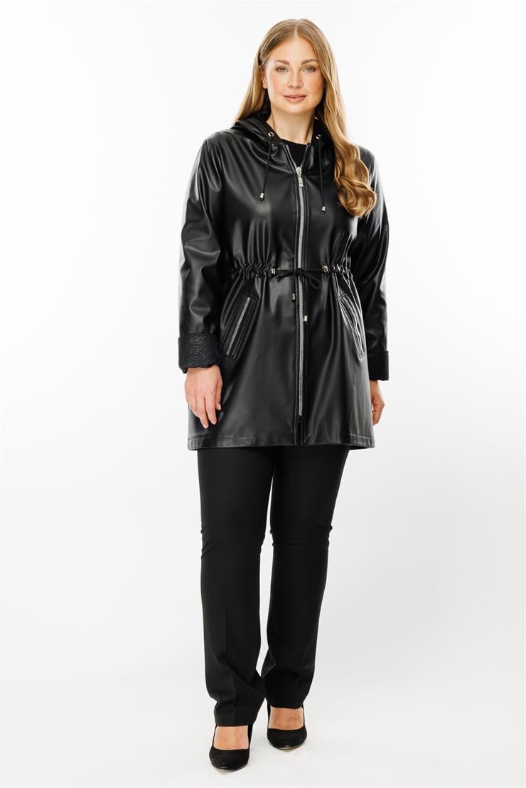 Modailgi  Kapüşonlu Beli Büzgülü Deri Trenç Siyah
