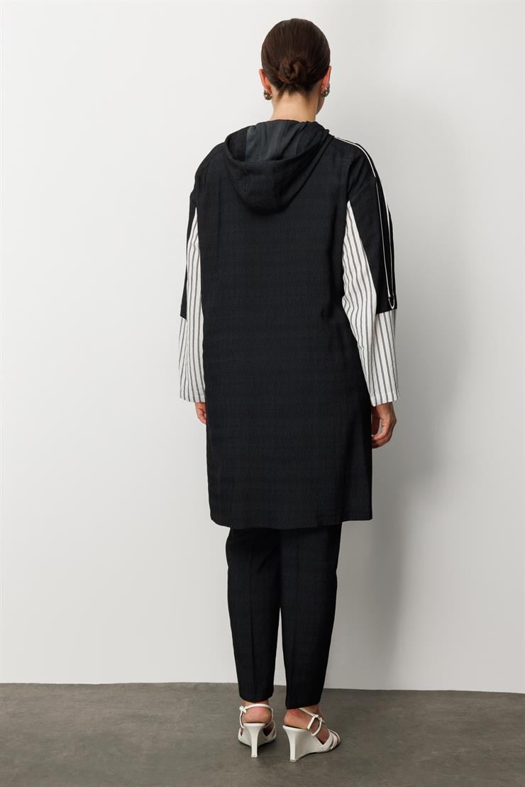 Modailgi  Kapüşonlu Çizgili Fermuarlı Uzun Tunik Ekru