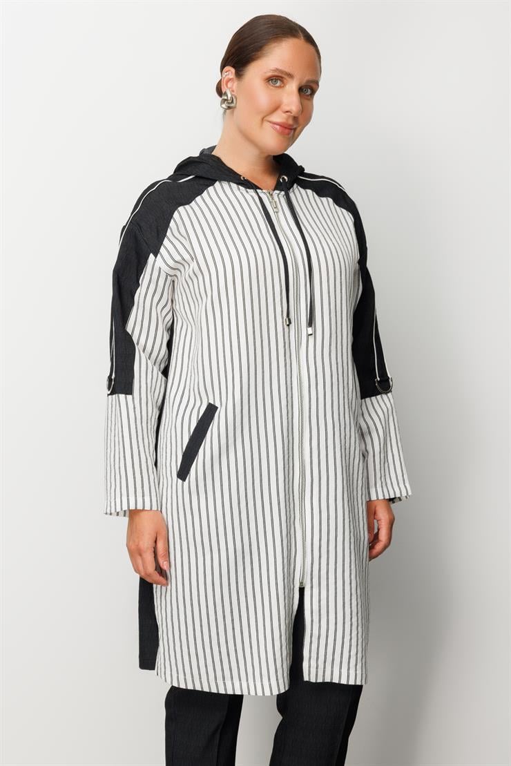 Modailgi  Kapüşonlu Çizgili Fermuarlı Uzun Tunik Ekru