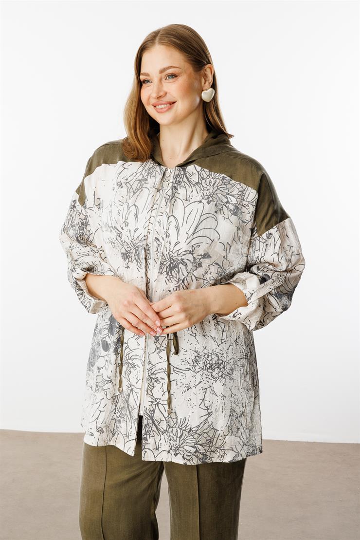 Modailgi  Kapüşonlu Desenli Beli Tünel Bağcıklı Kolu Apolet Aksesuarlı Fermuarlı Tunik Haki