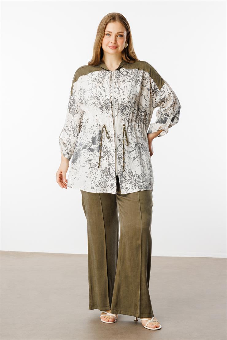 Modailgi  Kapüşonlu Desenli Beli Tünel Bağcıklı Kolu Apolet Aksesuarlı Fermuarlı Tunik Haki