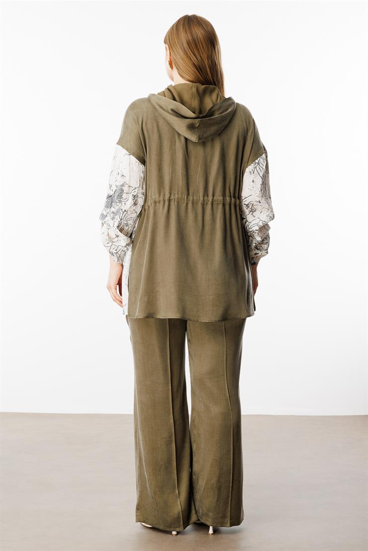 Modailgi  Kapüşonlu Desenli Beli Tünel Bağcıklı Kolu Apolet Aksesuarlı Fermuarlı Tunik Haki