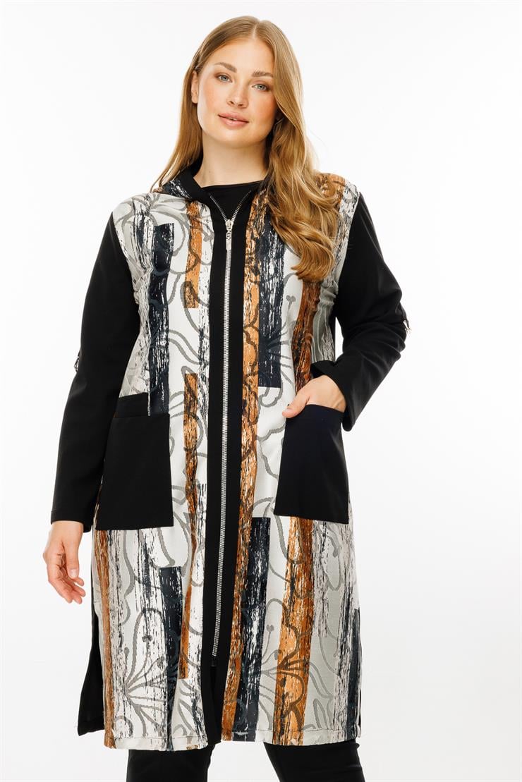 Modailgi  Kapüşonlu Desenli Kap Siyah