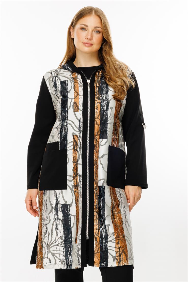 Modailgi  Kapüşonlu Desenli Kap Siyah