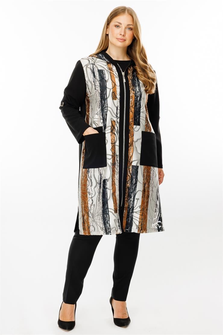 Modailgi  Kapüşonlu Desenli Kap Siyah