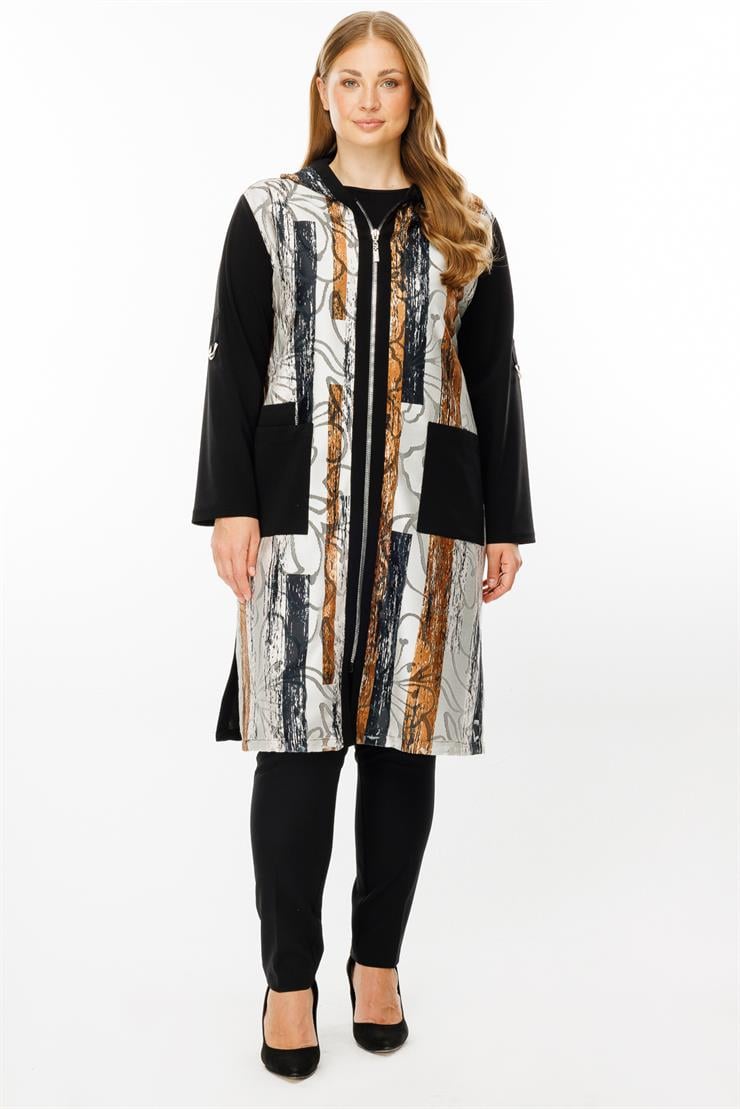 Modailgi  Kapüşonlu Desenli Kap Siyah