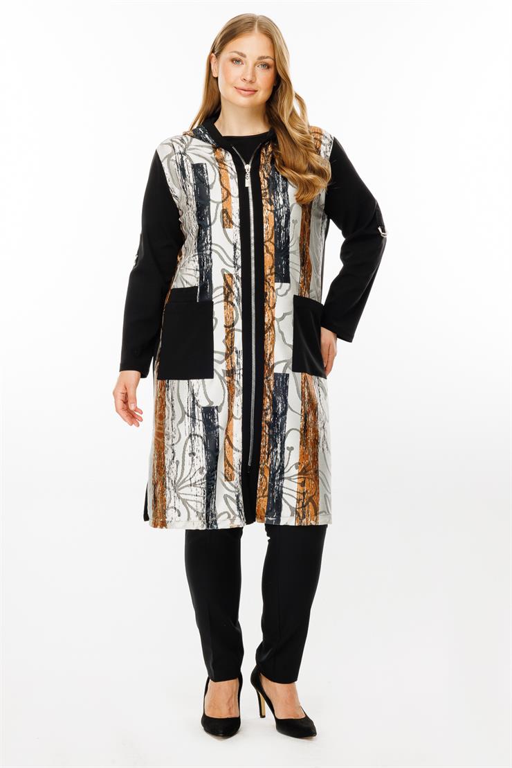 Modailgi  Kapüşonlu Desenli Kap Siyah