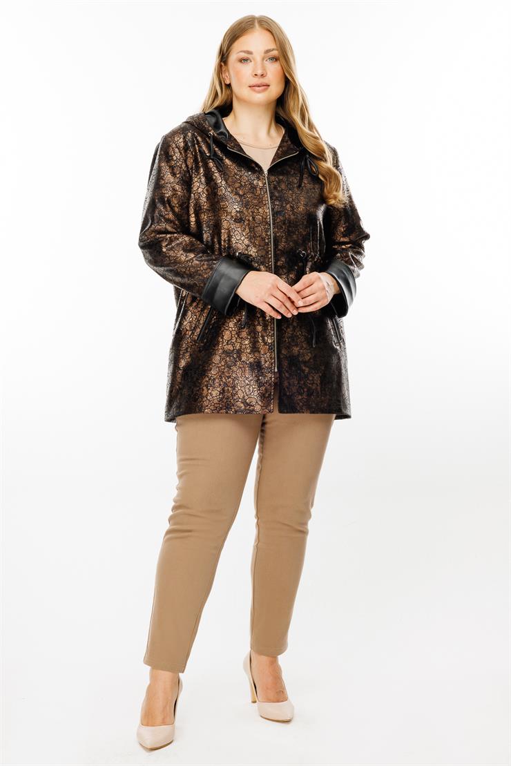 Modailgi  Kapüşonlu Fermuar Kapamalı Varaklı Deri Trenç Gold/Siyah