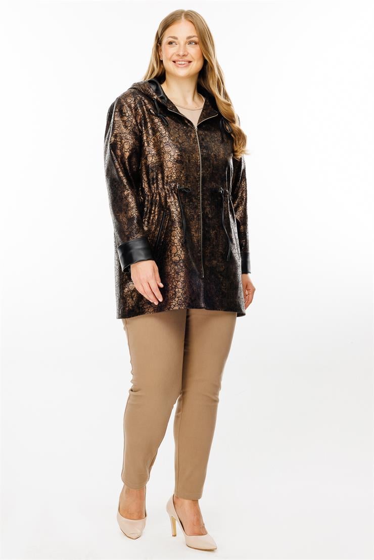 Modailgi  Kapüşonlu Fermuar Kapamalı Varaklı Deri Trenç Gold/Siyah