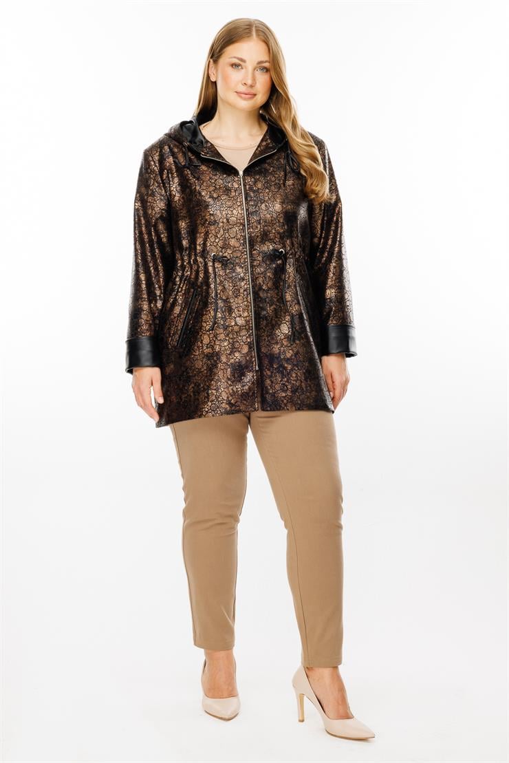 Modailgi  Kapüşonlu Fermuar Kapamalı Varaklı Deri Trenç Gold/Siyah