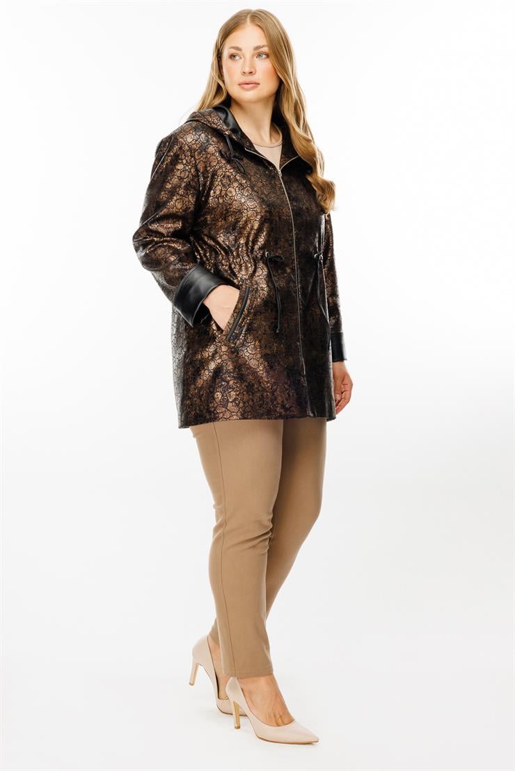 Modailgi  Kapüşonlu Fermuar Kapamalı Varaklı Deri Trenç Gold/Siyah