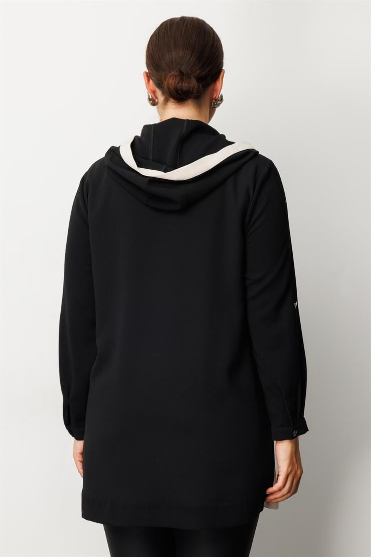 Modailgi  Kapüşonlu File Detaylı Baskılı Uzun Tunik Siyah