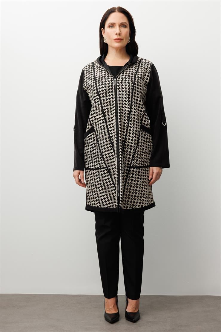 Modailgi  Kapüşonlu Kolları Apoletli Kazayağı Desen Nakış Kumaş Kap Siyah